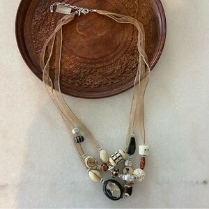 Chico’s Maia Long Three Strand Neutral Stone Necklace Cream Brown NWT